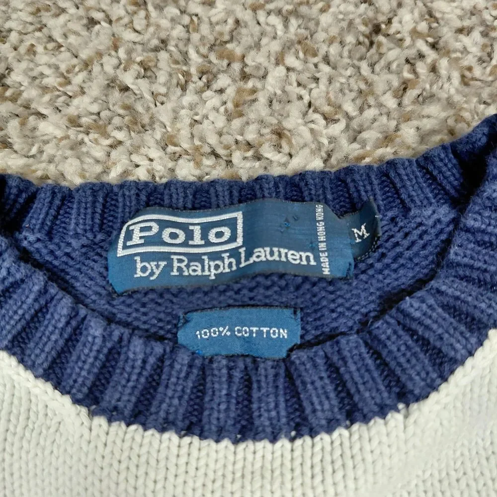 Vintage 90s Polo Ralph Lauren Sweater Mens Medium Blue White Stripe Chunky Knit